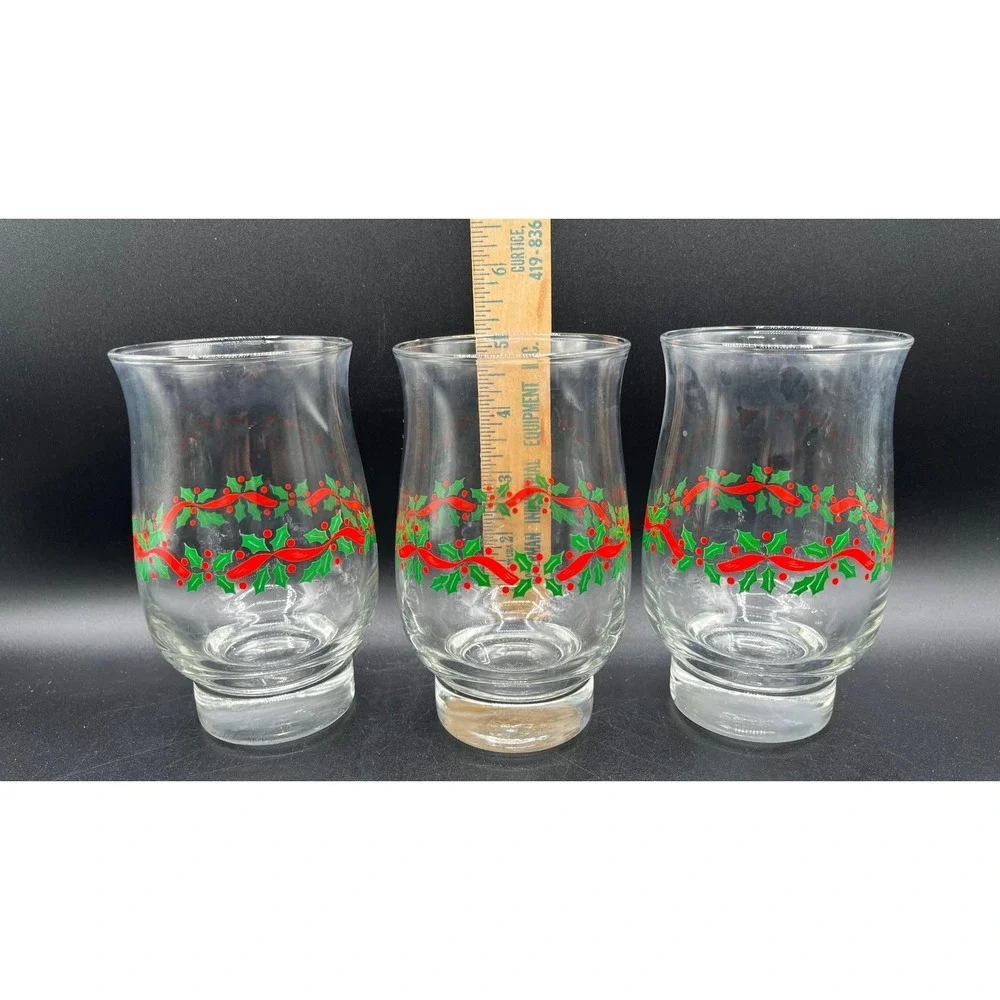 Vtg Libbey Christmas Holly & Ribbon Glass Tumblers Set of 3 Clear 14oz Footed